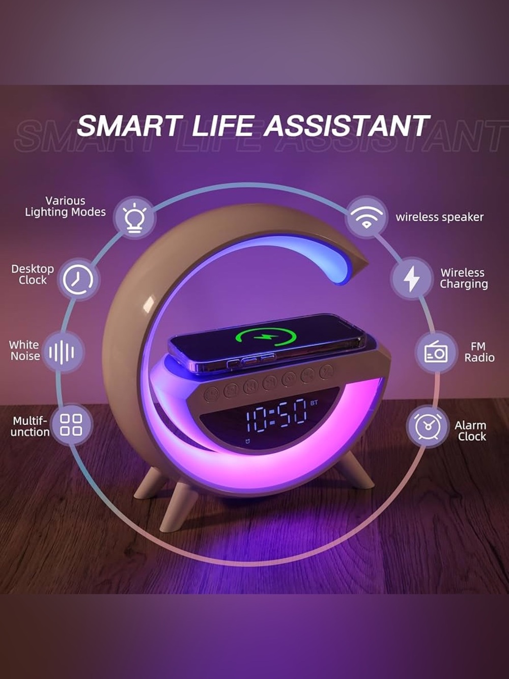 Wireless Charging LED Alarm Clock with Bluetooth Speaker - White - Picture 3 of 16